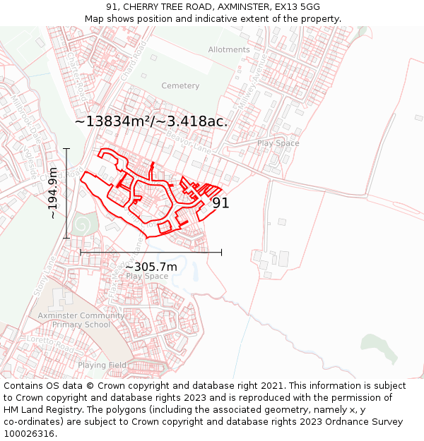 91, CHERRY TREE ROAD, AXMINSTER, EX13 5GG: Plot and title map