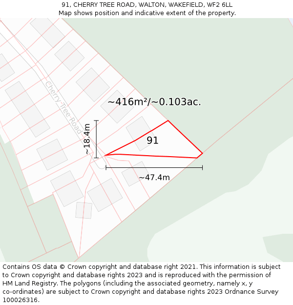 91, CHERRY TREE ROAD, WALTON, WAKEFIELD, WF2 6LL: Plot and title map