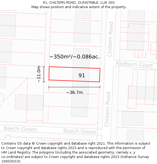 91, CHILTERN ROAD, DUNSTABLE, LU6 1ES: Plot and title map