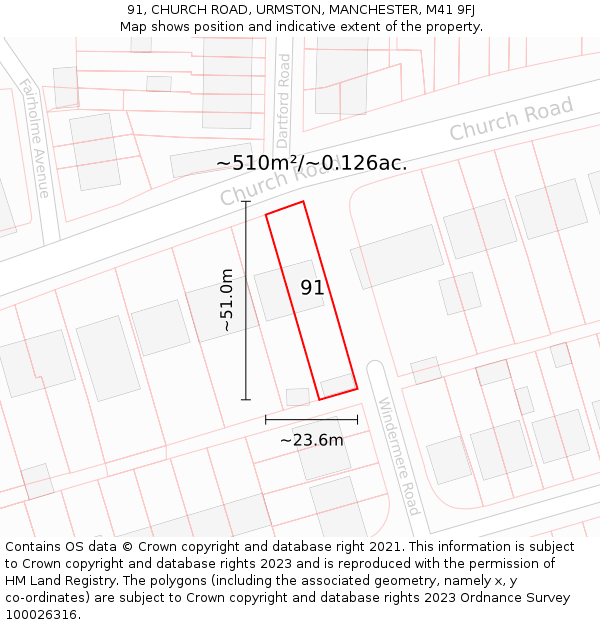 91, CHURCH ROAD, URMSTON, MANCHESTER, M41 9FJ: Plot and title map