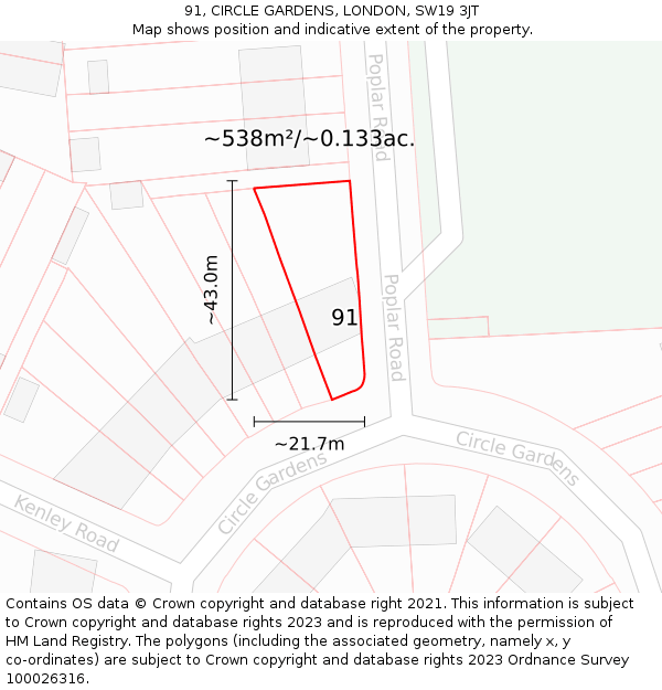 91, CIRCLE GARDENS, LONDON, SW19 3JT: Plot and title map