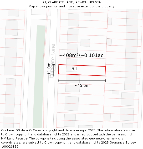 91, CLAPGATE LANE, IPSWICH, IP3 0RA: Plot and title map