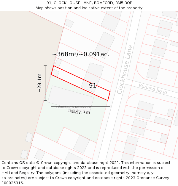 91, CLOCKHOUSE LANE, ROMFORD, RM5 3QP: Plot and title map