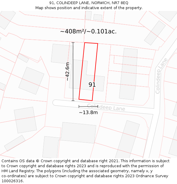 91, COLINDEEP LANE, NORWICH, NR7 8EQ: Plot and title map