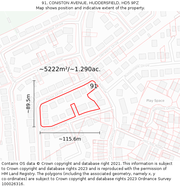 91, CONISTON AVENUE, HUDDERSFIELD, HD5 9PZ: Plot and title map