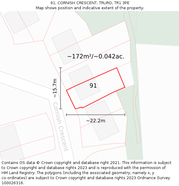 91, CORNISH CRESCENT, TRURO, TR1 3PE: Plot and title map