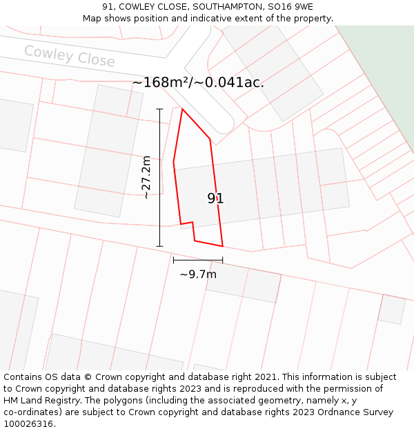 91, COWLEY CLOSE, SOUTHAMPTON, SO16 9WE: Plot and title map