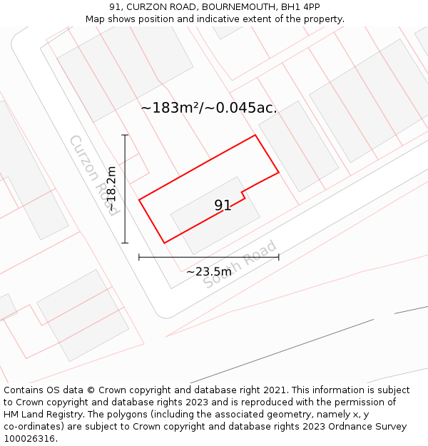 91, CURZON ROAD, BOURNEMOUTH, BH1 4PP: Plot and title map