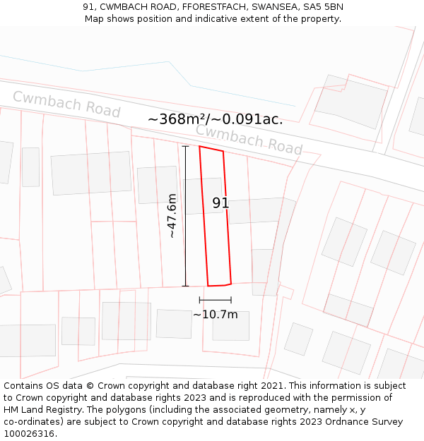 91, CWMBACH ROAD, FFORESTFACH, SWANSEA, SA5 5BN: Plot and title map