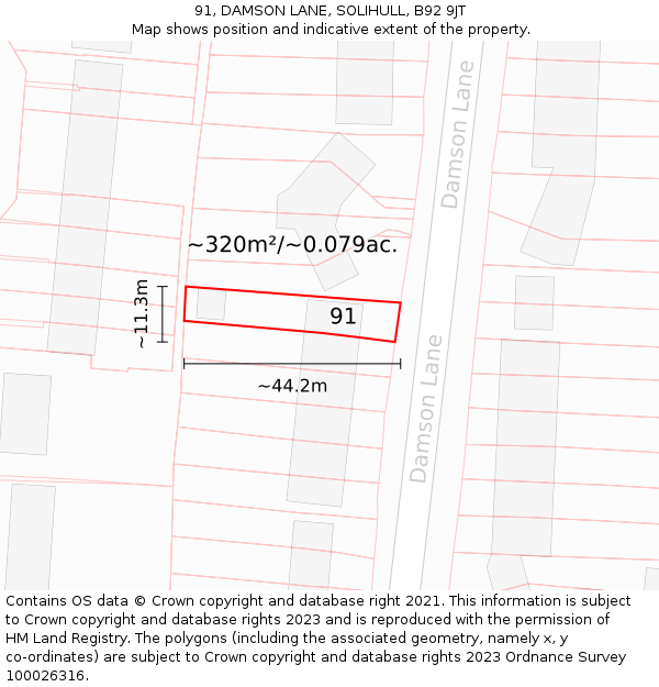 91, DAMSON LANE, SOLIHULL, B92 9JT: Plot and title map