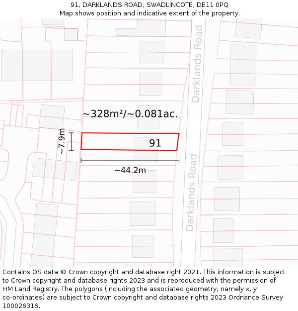 91, DARKLANDS ROAD, SWADLINCOTE, DE11 0PQ: Plot and title map