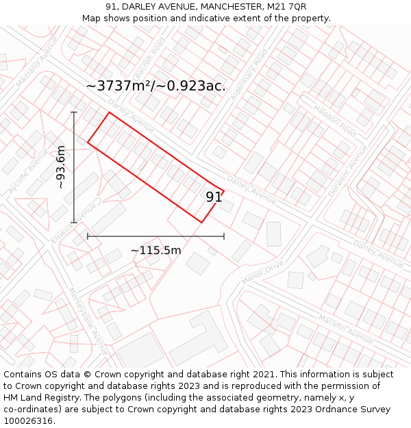 91, DARLEY AVENUE, MANCHESTER, M21 7QR: Plot and title map