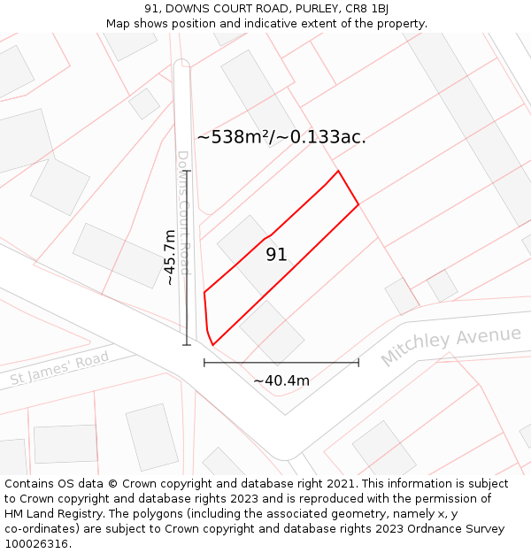 91, DOWNS COURT ROAD, PURLEY, CR8 1BJ: Plot and title map