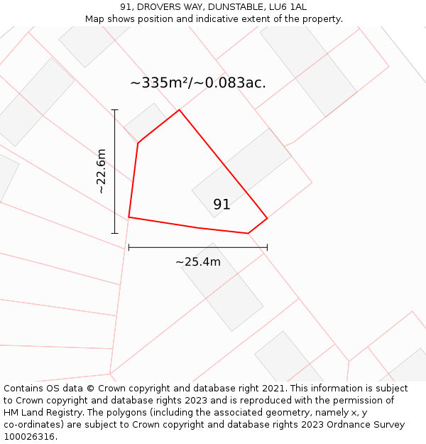 91, DROVERS WAY, DUNSTABLE, LU6 1AL: Plot and title map