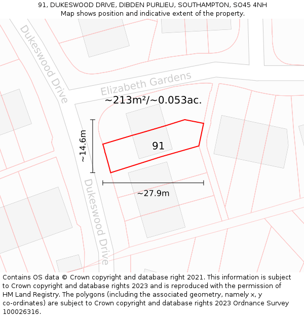 91, DUKESWOOD DRIVE, DIBDEN PURLIEU, SOUTHAMPTON, SO45 4NH: Plot and title map
