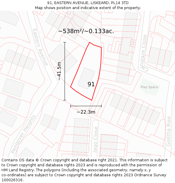 91, EASTERN AVENUE, LISKEARD, PL14 3TD: Plot and title map