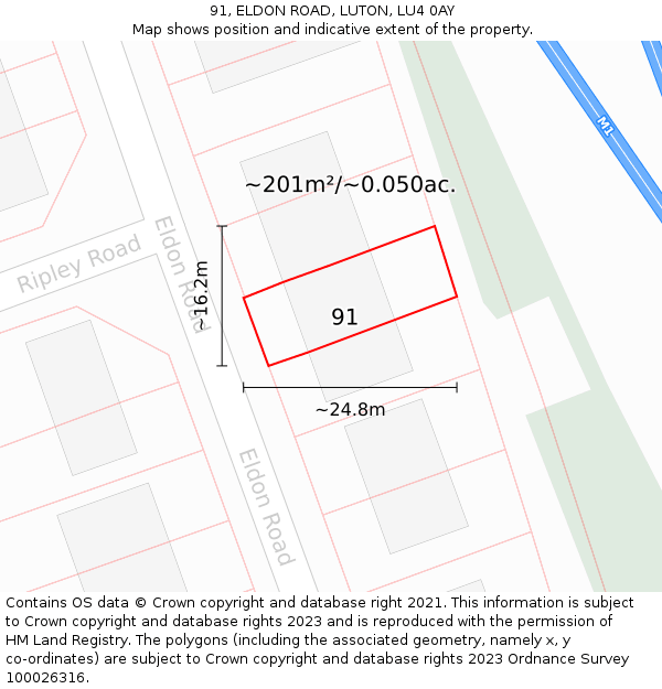 91, ELDON ROAD, LUTON, LU4 0AY: Plot and title map