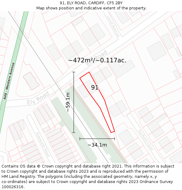 91, ELY ROAD, CARDIFF, CF5 2BY: Plot and title map
