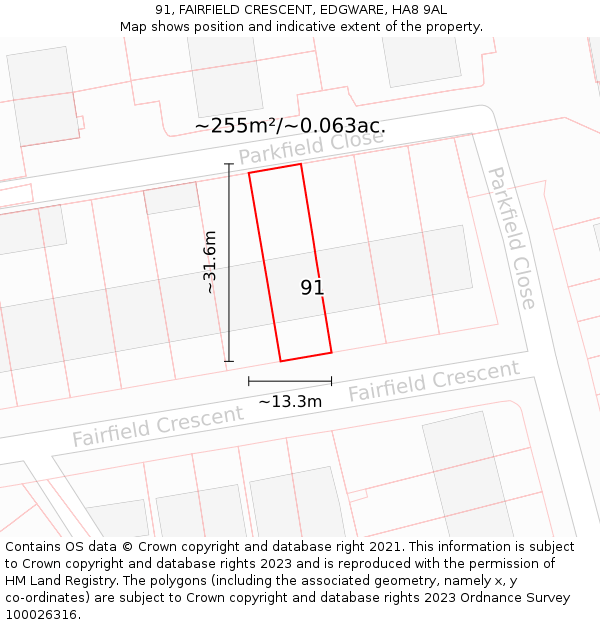 91, FAIRFIELD CRESCENT, EDGWARE, HA8 9AL: Plot and title map