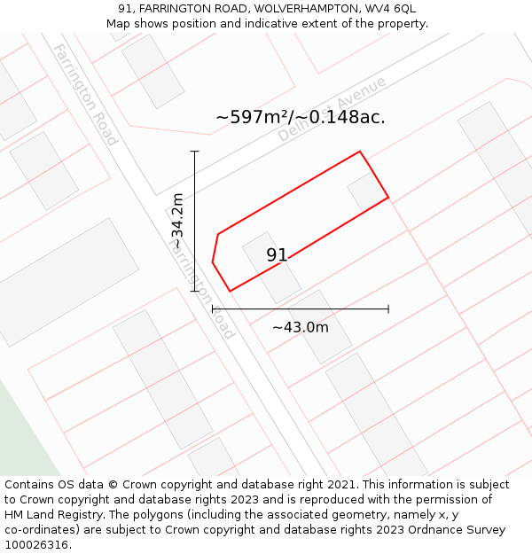 91, FARRINGTON ROAD, WOLVERHAMPTON, WV4 6QL: Plot and title map