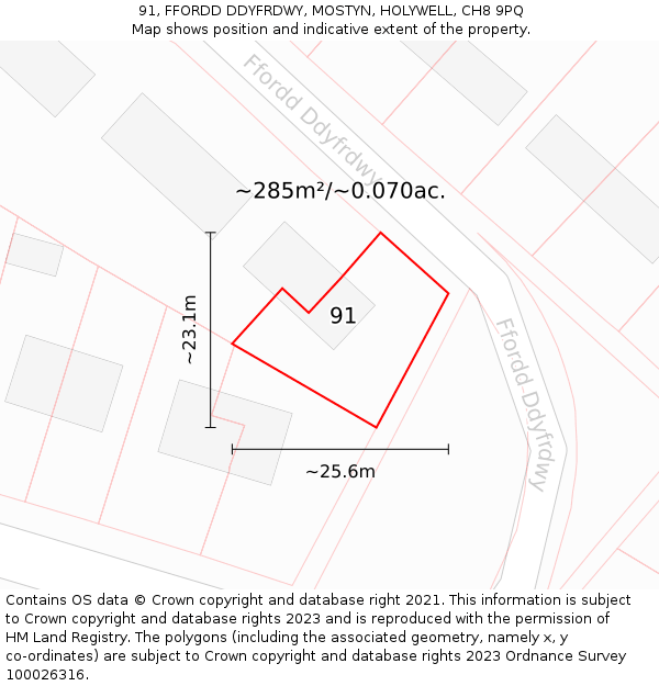 91, FFORDD DDYFRDWY, MOSTYN, HOLYWELL, CH8 9PQ: Plot and title map