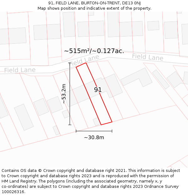91, FIELD LANE, BURTON-ON-TRENT, DE13 0NJ: Plot and title map
