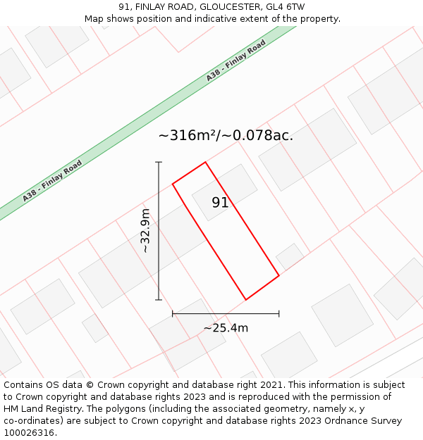 91, FINLAY ROAD, GLOUCESTER, GL4 6TW: Plot and title map