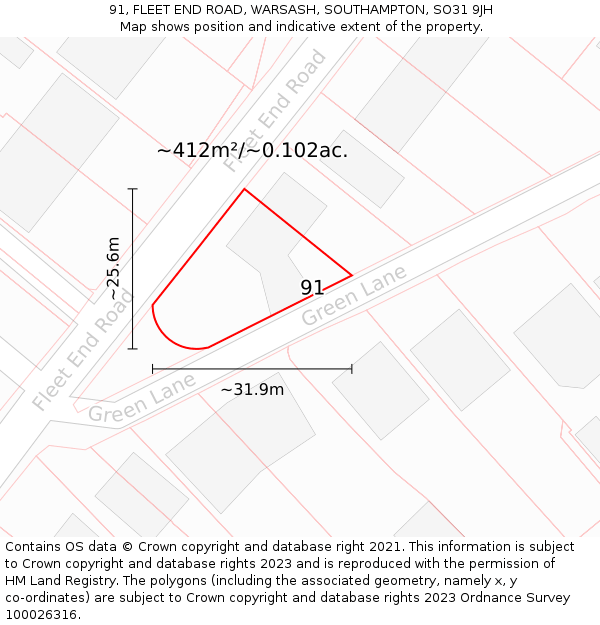91, FLEET END ROAD, WARSASH, SOUTHAMPTON, SO31 9JH: Plot and title map