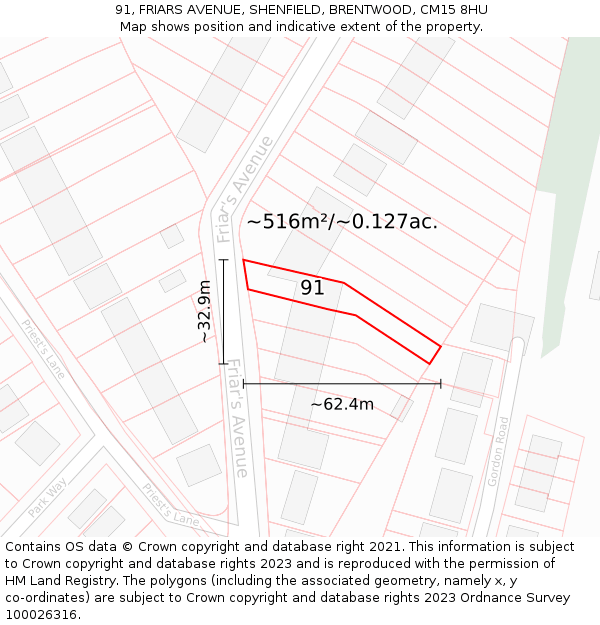 91, FRIARS AVENUE, SHENFIELD, BRENTWOOD, CM15 8HU: Plot and title map
