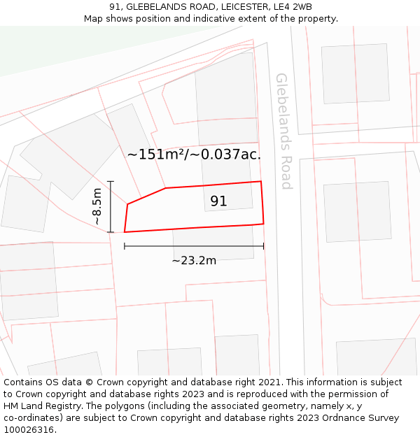 91, GLEBELANDS ROAD, LEICESTER, LE4 2WB: Plot and title map