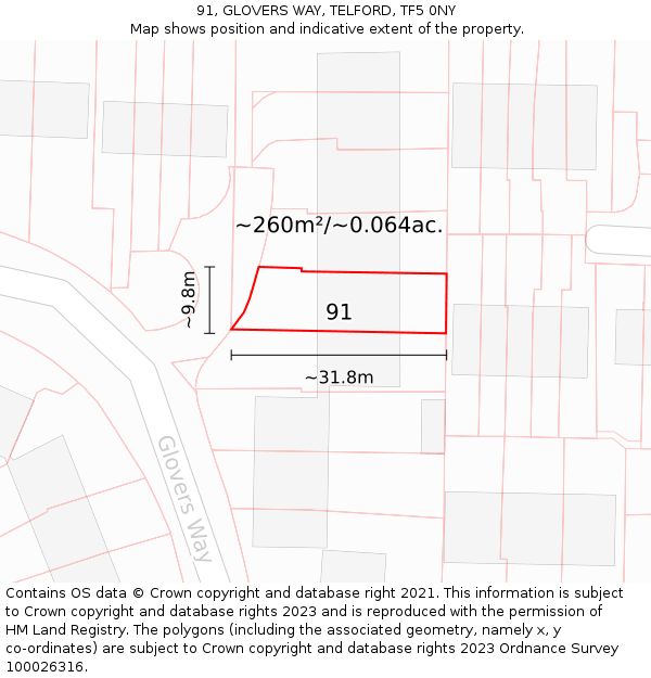 91, GLOVERS WAY, TELFORD, TF5 0NY: Plot and title map