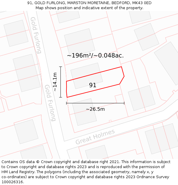 91, GOLD FURLONG, MARSTON MORETAINE, BEDFORD, MK43 0ED: Plot and title map