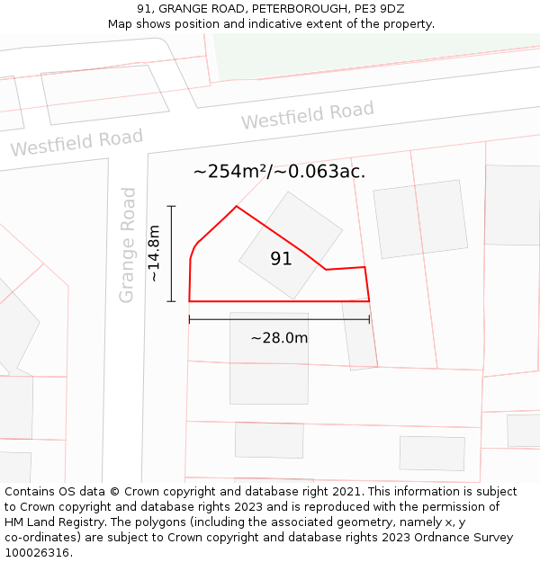 91, GRANGE ROAD, PETERBOROUGH, PE3 9DZ: Plot and title map