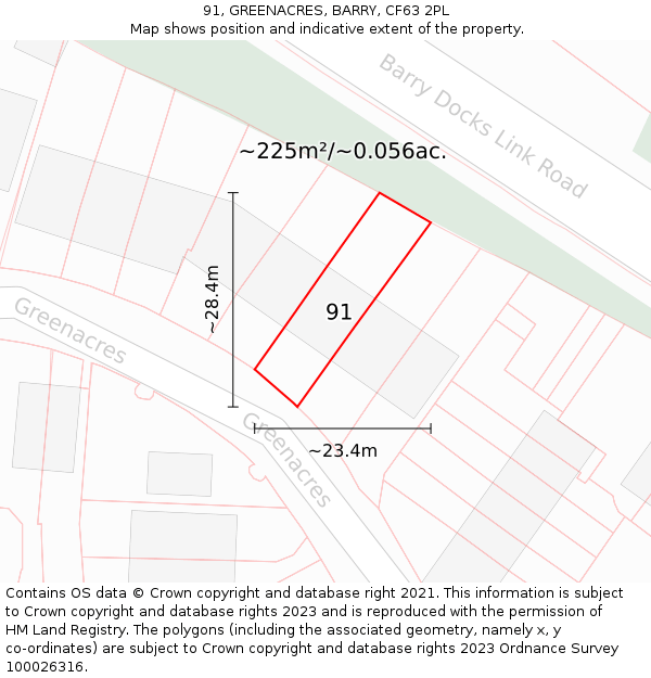 91, GREENACRES, BARRY, CF63 2PL: Plot and title map