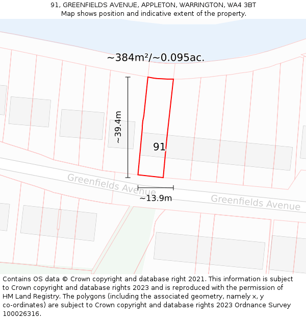 91, GREENFIELDS AVENUE, APPLETON, WARRINGTON, WA4 3BT: Plot and title map