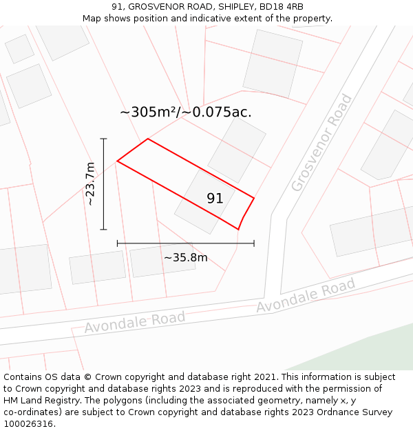 91, GROSVENOR ROAD, SHIPLEY, BD18 4RB: Plot and title map