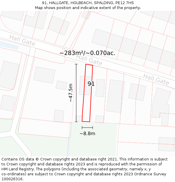 91, HALLGATE, HOLBEACH, SPALDING, PE12 7HS: Plot and title map