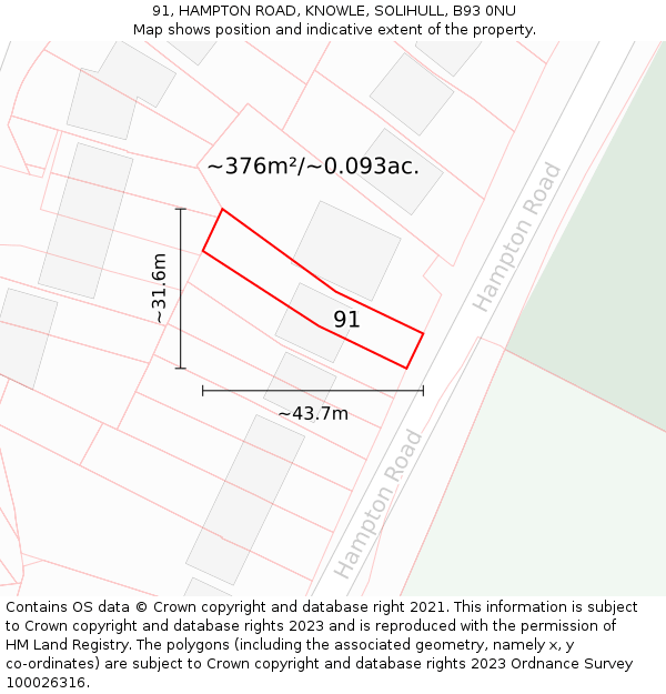 91, HAMPTON ROAD, KNOWLE, SOLIHULL, B93 0NU: Plot and title map