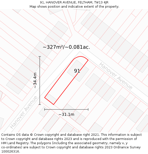 91, HANOVER AVENUE, FELTHAM, TW13 4JR: Plot and title map