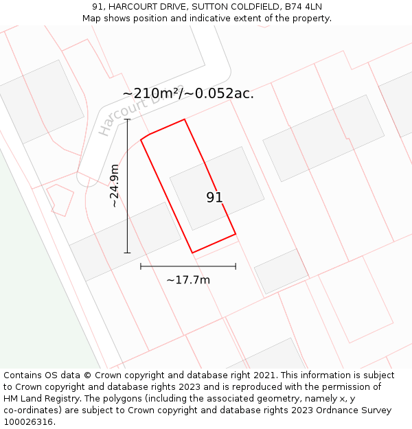 91, HARCOURT DRIVE, SUTTON COLDFIELD, B74 4LN: Plot and title map