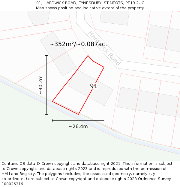 91, HARDWICK ROAD, EYNESBURY, ST NEOTS, PE19 2UG: Plot and title map