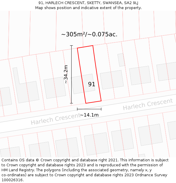 91, HARLECH CRESCENT, SKETTY, SWANSEA, SA2 9LJ: Plot and title map
