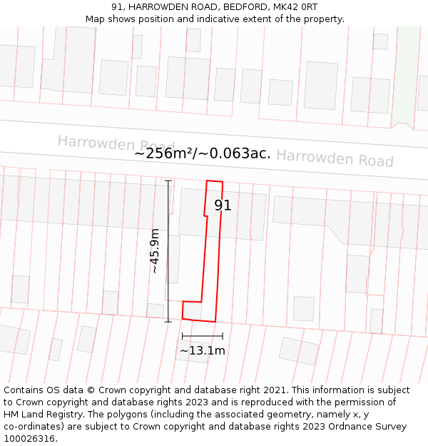 91, HARROWDEN ROAD, BEDFORD, MK42 0RT: Plot and title map