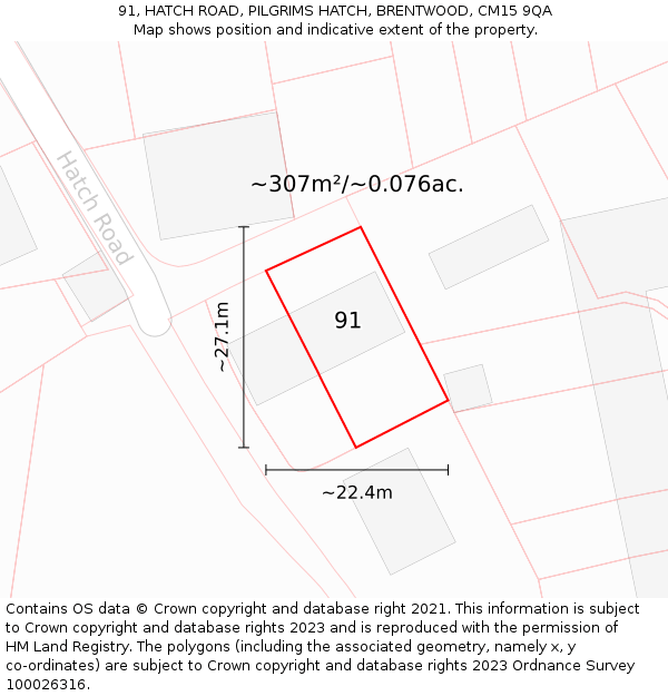 91, HATCH ROAD, PILGRIMS HATCH, BRENTWOOD, CM15 9QA: Plot and title map