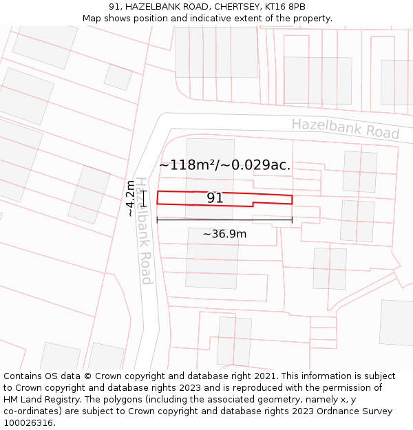 91, HAZELBANK ROAD, CHERTSEY, KT16 8PB: Plot and title map