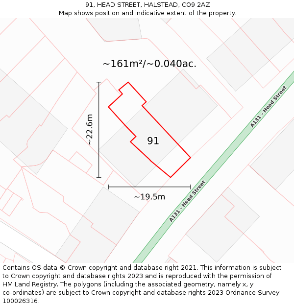 91, HEAD STREET, HALSTEAD, CO9 2AZ: Plot and title map