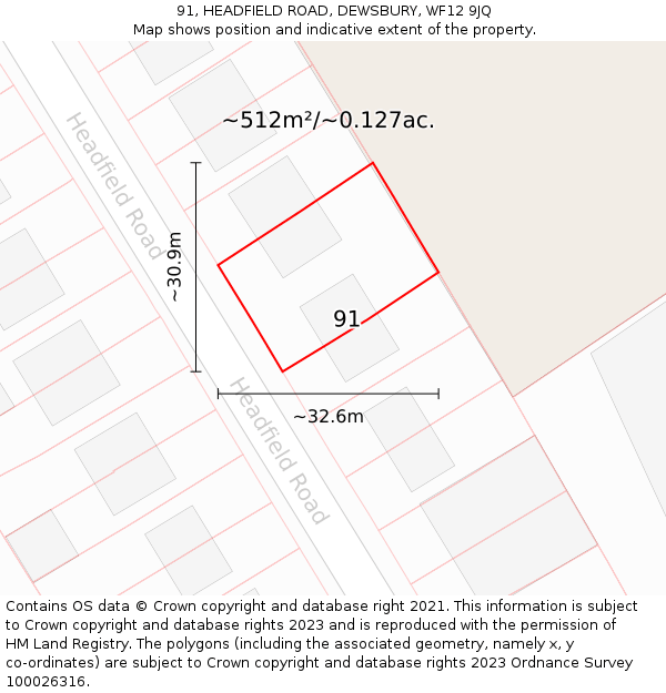 91, HEADFIELD ROAD, DEWSBURY, WF12 9JQ: Plot and title map