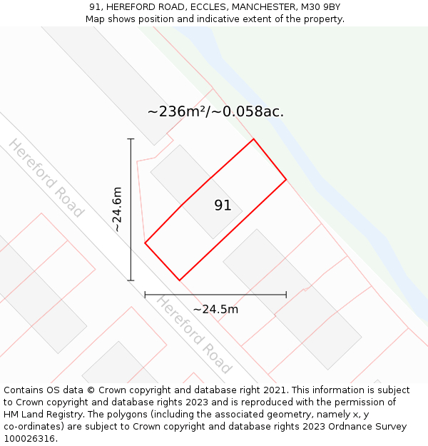 91, HEREFORD ROAD, ECCLES, MANCHESTER, M30 9BY: Plot and title map