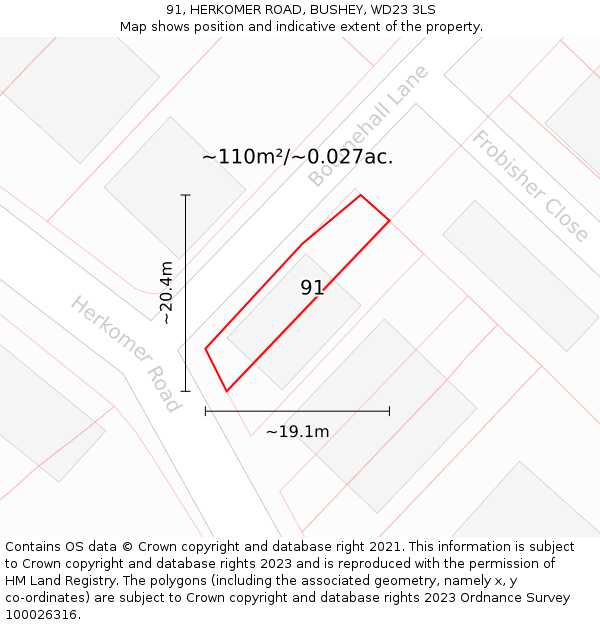 91, HERKOMER ROAD, BUSHEY, WD23 3LS: Plot and title map