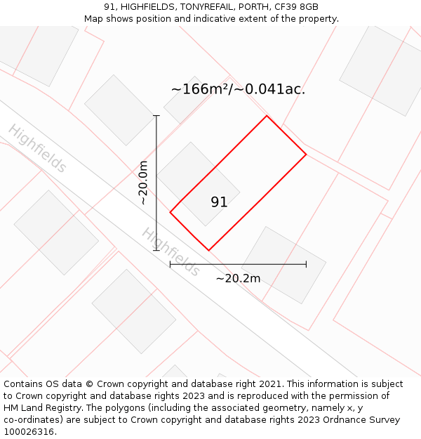 91, HIGHFIELDS, TONYREFAIL, PORTH, CF39 8GB: Plot and title map